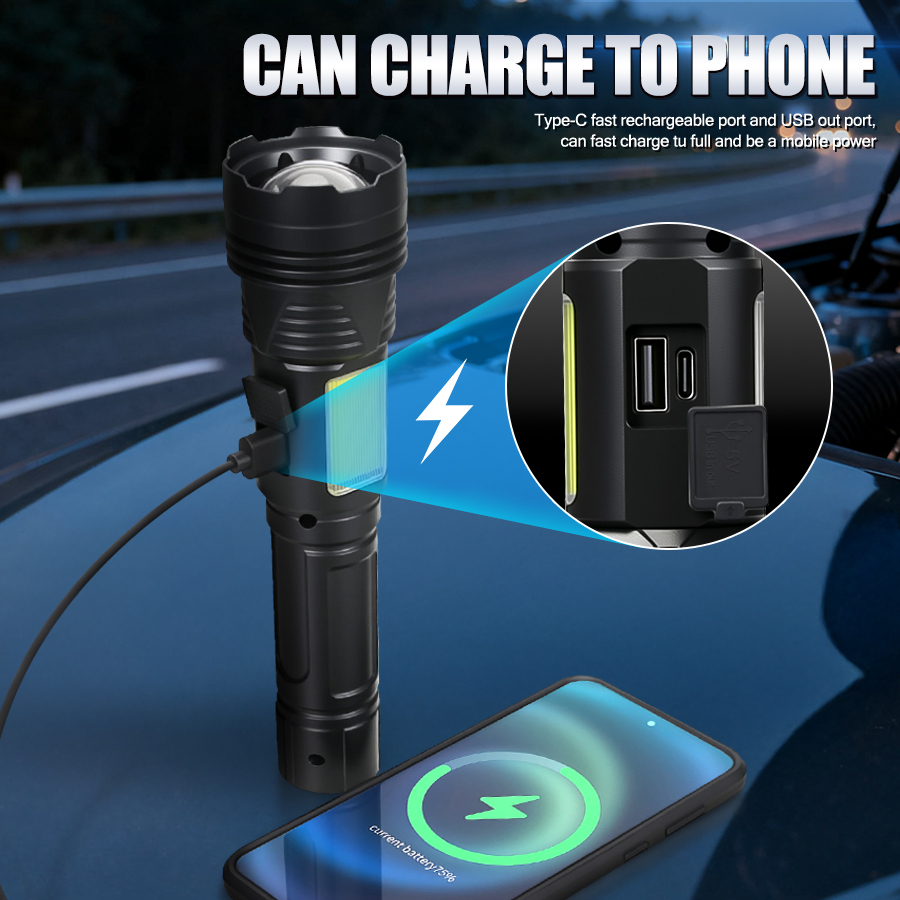 강력한 LED 휴대용 손전등 USB 충전식 전술 줌 토 - Outdoor Power Bank 리뷰 및 가격